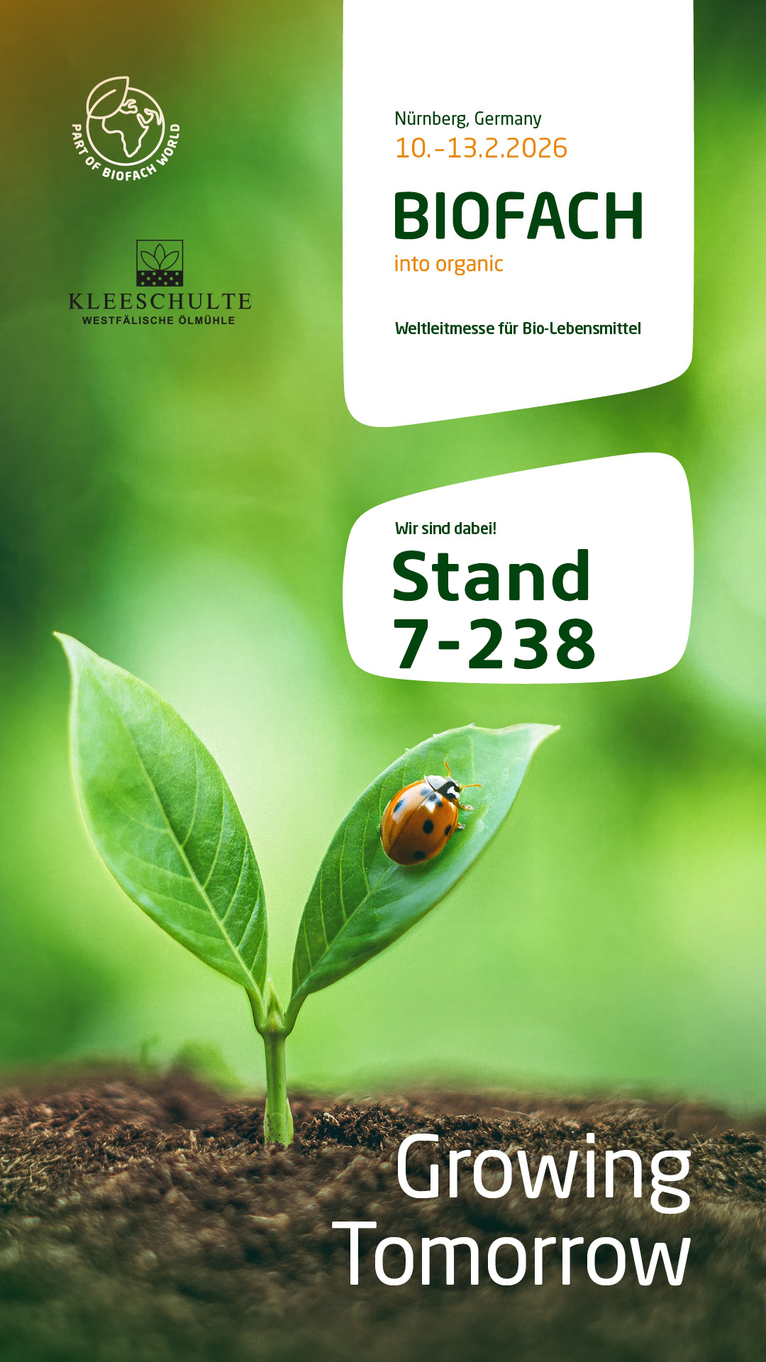 Westfälischen Ölmühle Kleeschulte auf der Bio Fach 2026 in Nürnberg mit den Bio Speiseölen