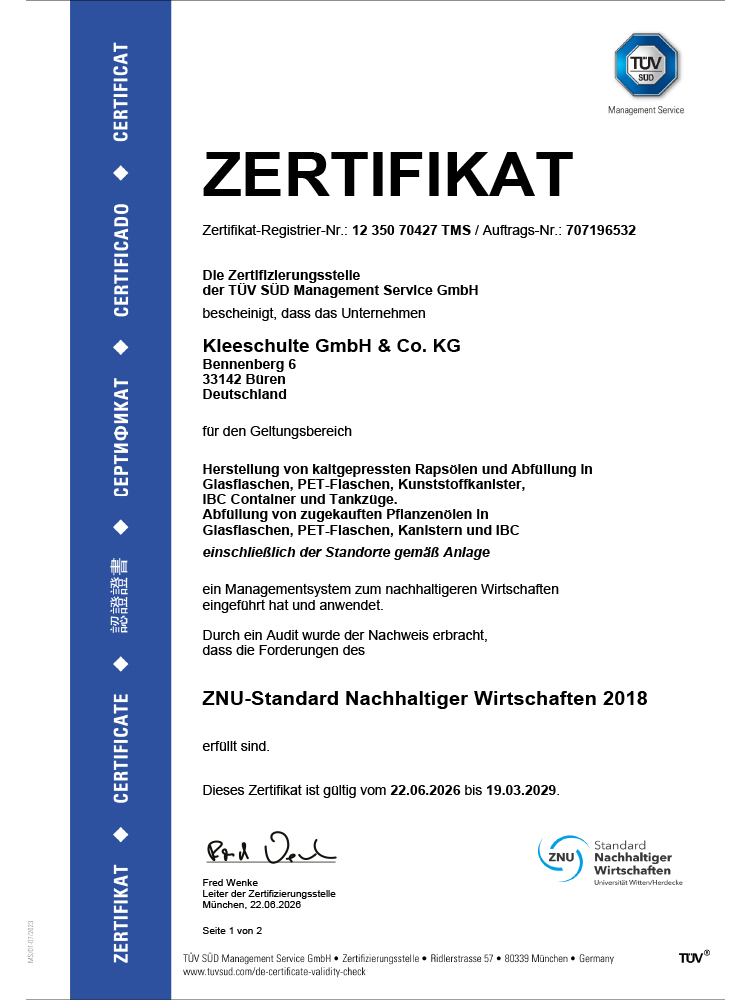 ZNU Zertifikat für Kleeschulte GmbH & Co. KG ZNU Zertifikat für Kleeschulte GmbH & Co. KG