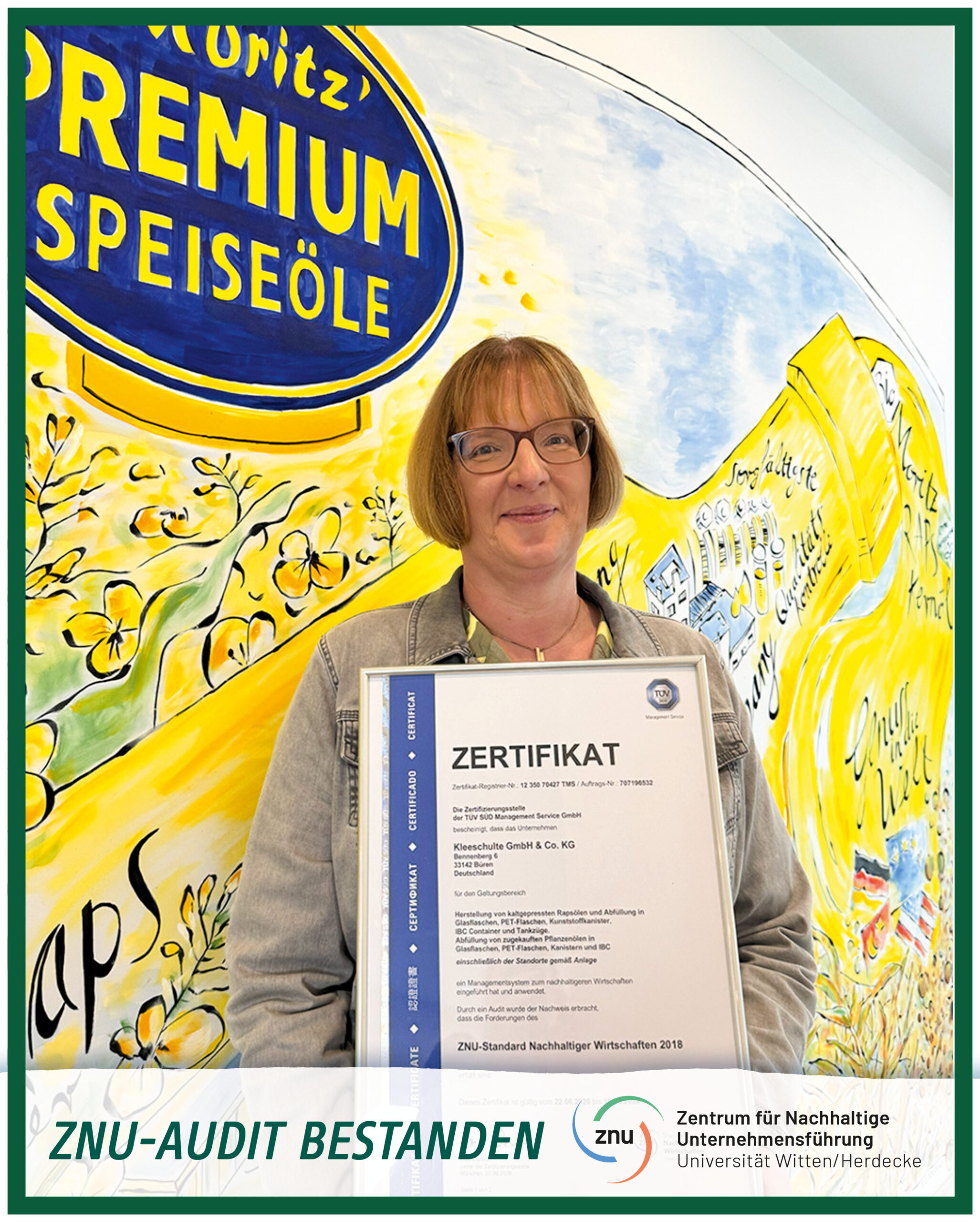 Das Kleeschulte-Team bei der erfolgreichen ZNU-Auditierung in Büren Sandra Feldmann-Schäfers mit Zertifikat nach erfolgreicher ZNU-Auditierung in Büren